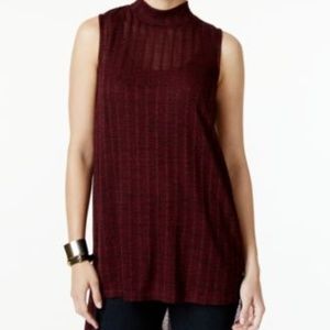 Alfani Petite Highlow Mock-neck Top Wine